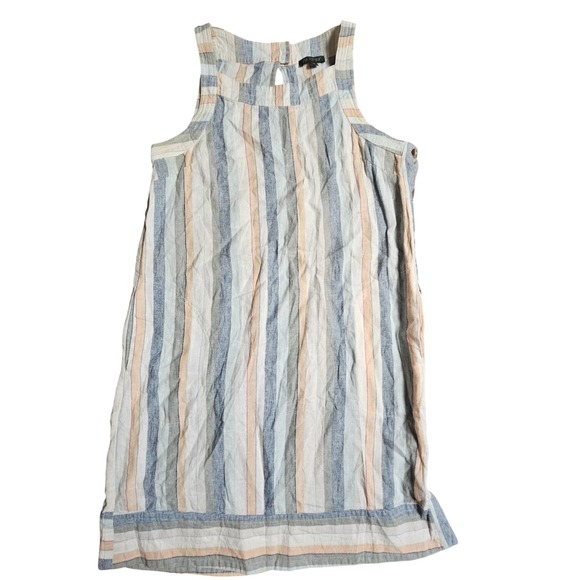 For Cynthia Linen Blend Striped‎ Sleeveless Shift Dress M Side Button Beach - Picture 6 of 9